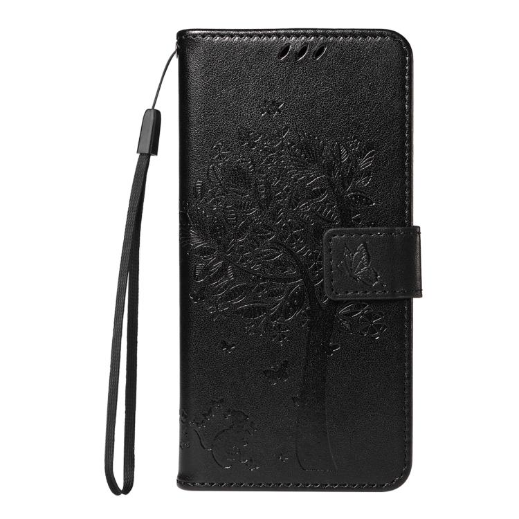 Funda de Cuero con Tapa para OnePlus 13R Global con Diseño de Árbol y Gato en Relieve (Negra)