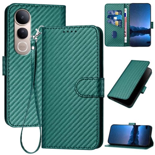 Funda de Cuero con Hebilla de Fibra de Carbono y Cordón para Vivo V50 Lite 4G/5G Yx0070 (Verde Oscuro)
