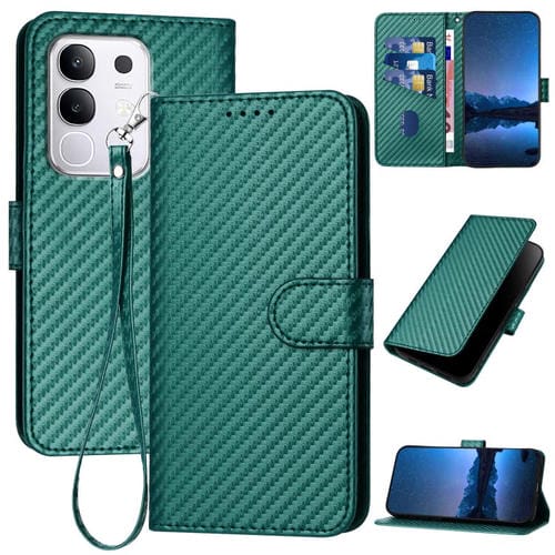 Funda de Cuero con Hebilla de Fibra de Carbono y Cordón para Vivo Y29 4G Yx0070 (Verde Oscuro)