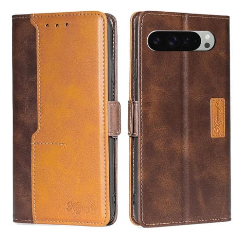 Funda de Cuero con Hebilla Lateral para Google Pixel 9 Pro XL (Marrón Oscuro y Dorado)