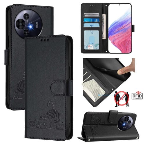 Funda de Cuero Rfid para TCL 50 Pro Nxtpaper con Cordón (Negro) con Patrón en Relieve de Gato y Rata