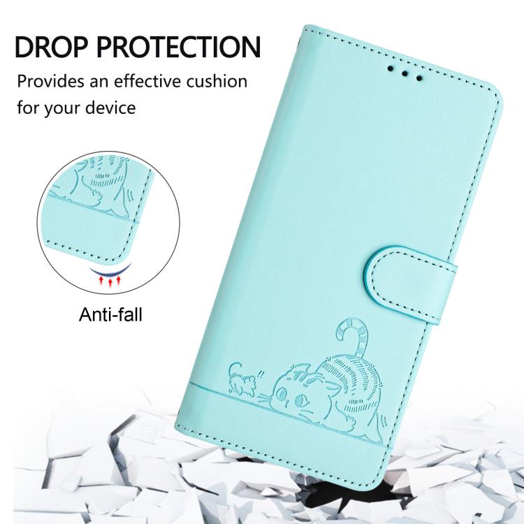 Funda de cuero RFID con estampado de gato y rata para TCL 60 SE NxtPaper/605 con cordón (verde menta)