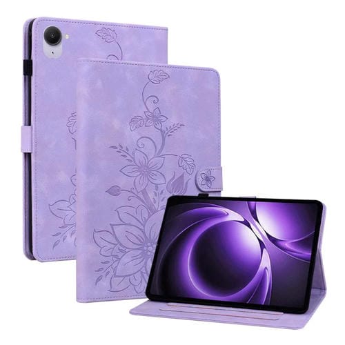 Funda de piel con relieve de lirio para Xiaomi Redmi K Pad de 8,8 pulgadas (morado)