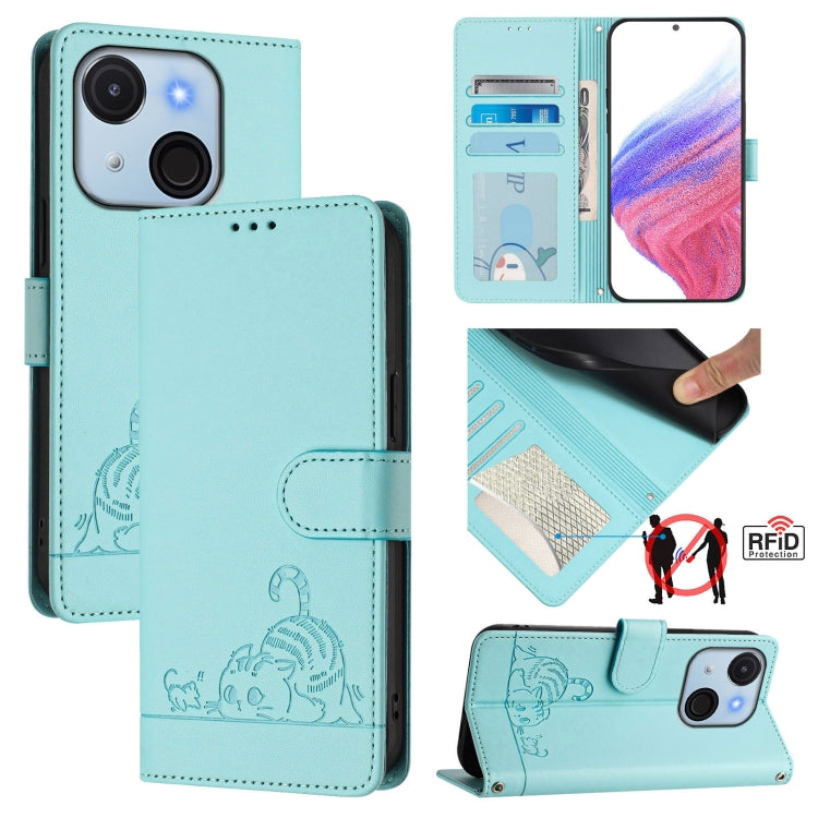 Funda de Cuero Rfid para Teléfono Itel A50C con Cordón Estampado de Rata y Gato (Verde Menta)