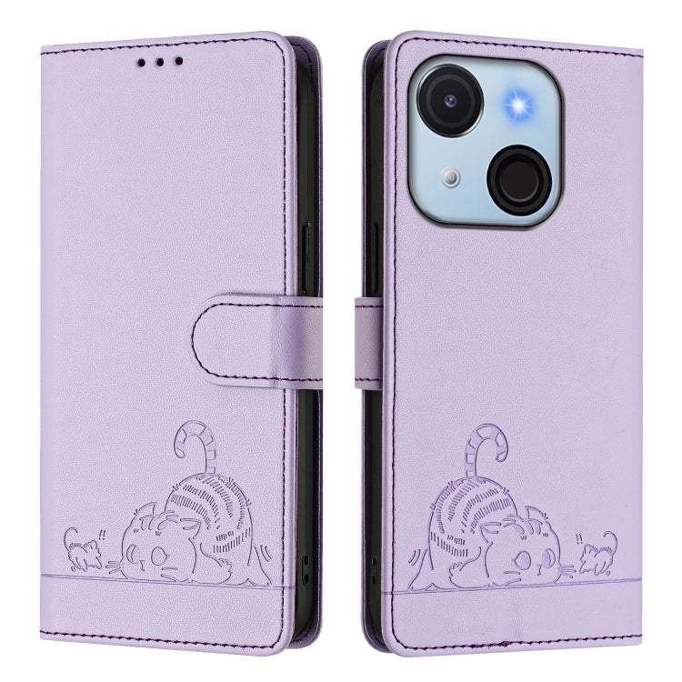 Funda de Cuero Rfid para Teléfono Itel A50C con Estampado de Rata y Gato y Cordón (Morado)