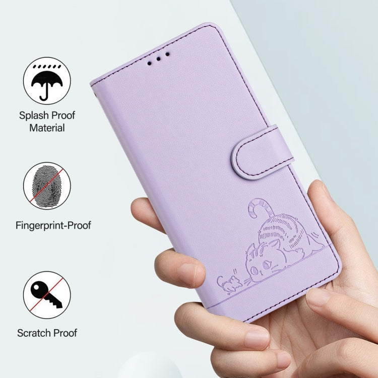 Funda de Cuero Rfid para Teléfono Itel A50C con Estampado de Rata y Gato y Cordón (Morado)