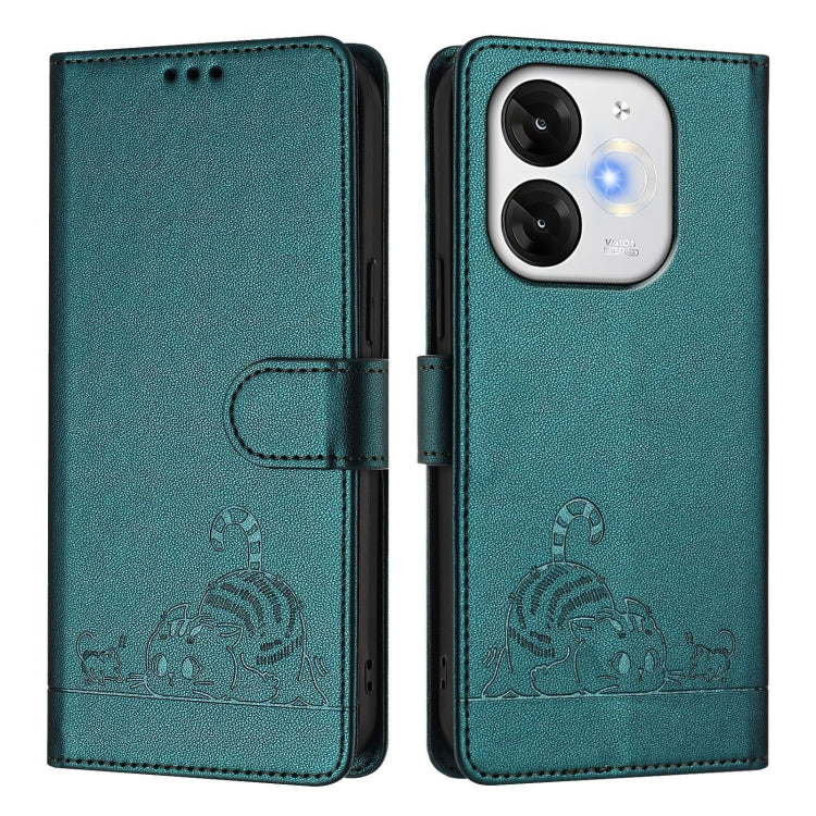 Funda de Cuero Rfid para Teléfono Itel A80 4G con Cordón Estampado Rata y Gato (Verde Pavo Real)
