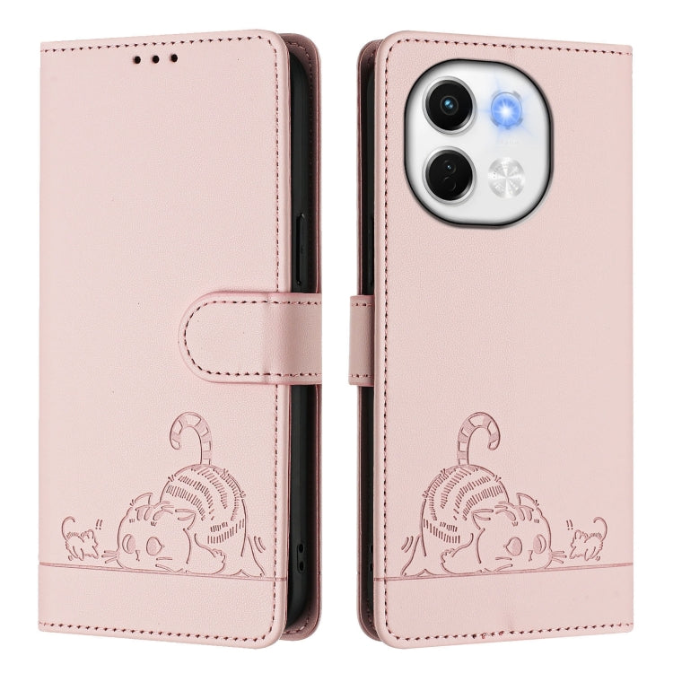 Funda Cuero Rfid Tecno Spark 30 5G Estampado Rata y Gato Relieve con Cordón (Rosa)
