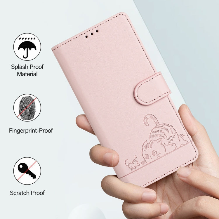 Funda Cuero Rfid Tecno Spark 30 5G Estampado Rata y Gato Relieve con Cordón (Rosa)