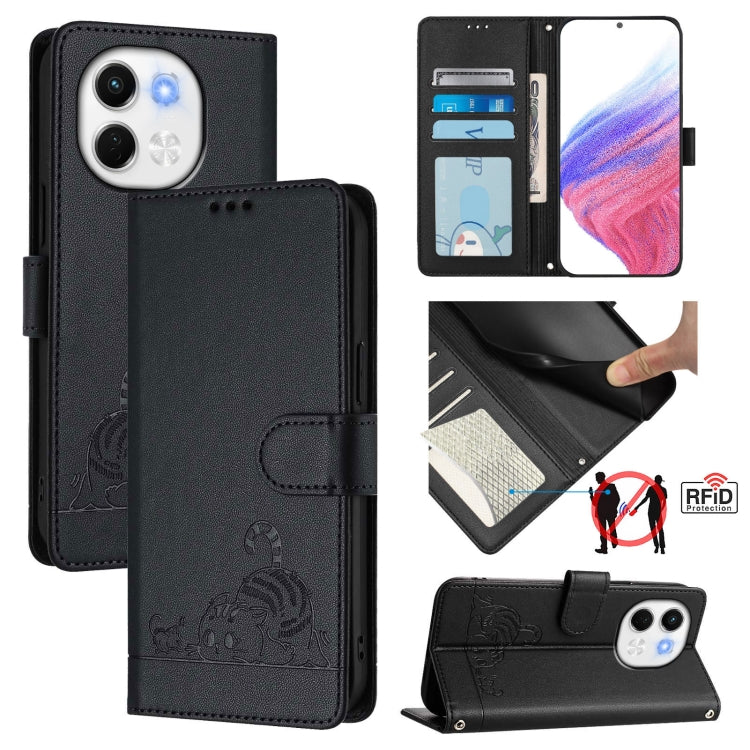 Funda Cuero Rfid Tecno Spark 30 5G con Patrón Gato y Rata con Cordón (Negro)