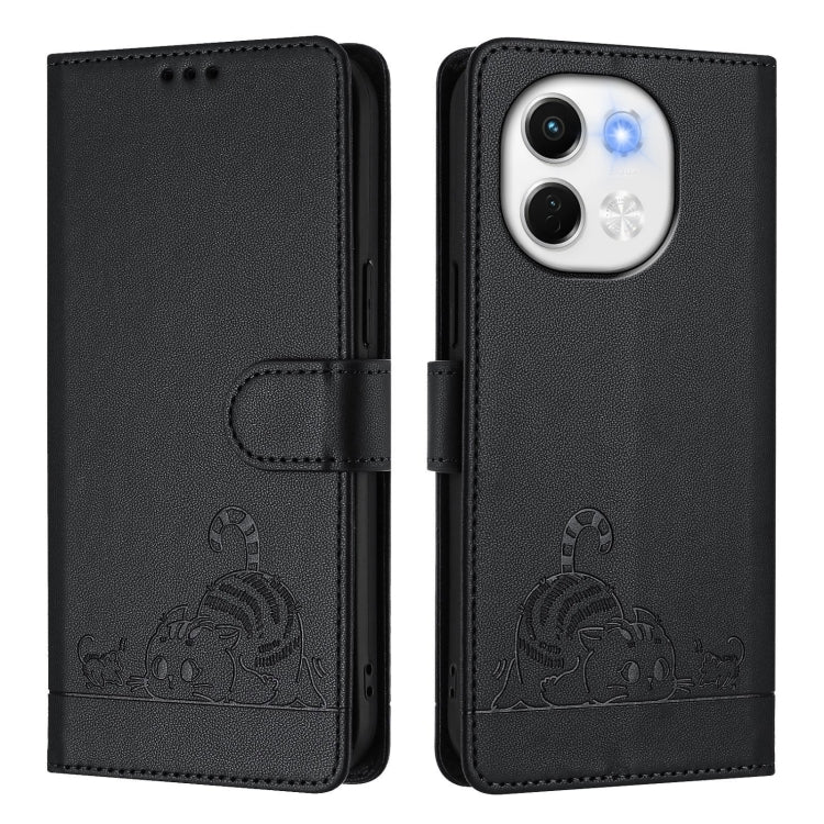 Funda Cuero Rfid Tecno Spark 30 5G con Patrón Gato y Rata con Cordón (Negro)