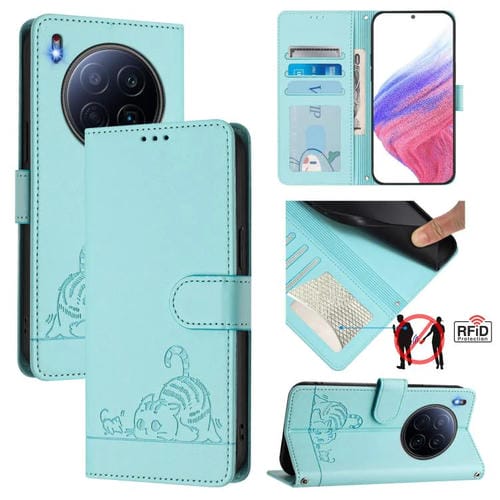 Funda de cuero RFID con estampado de gato y rata para Tecno Camon 40 Premier con cordón (verde menta)