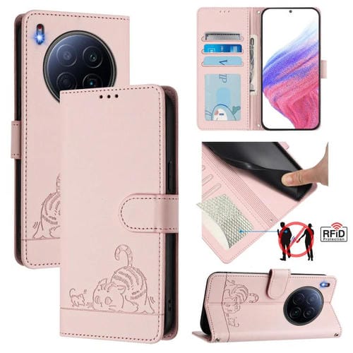 Funda de cuero RFID con estampado de gato y rata en relieve para Tecno Camon 40 Premier con cordón (rosa)