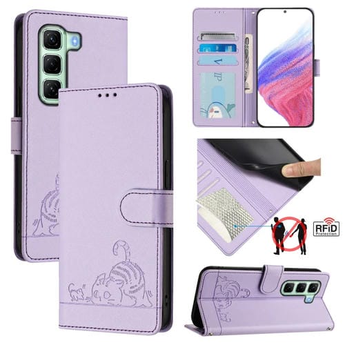 Funda de Cuero Rfid para Infinix Hot 50 4G con Estampado de Rata y Gato y Cordón (Morado)