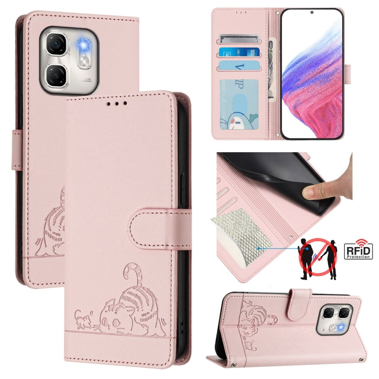 Funda de Cuero Rfid con Estampado de Rata y Gato En Relieve para Infinix Hot 50I 5G / Smart 9 4G con Cordón (Rosa)