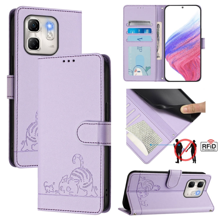 Funda de Cuero Rfid para Infinix Hot 50I 5G y Smart 9 4G con Estampado de Rata y Gato en Relieve y Cordón (Morado)