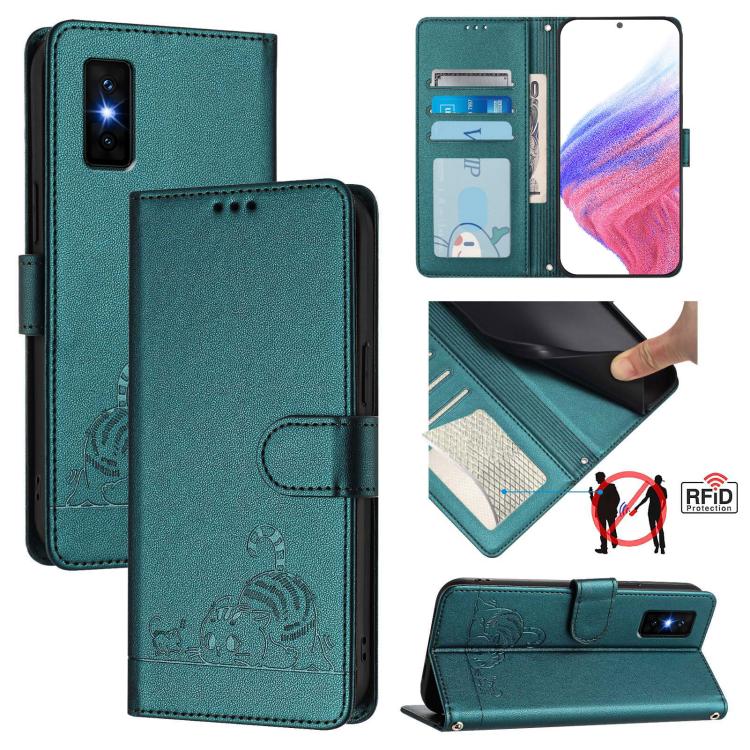 Funda de cuero RFID con estampado de gato y rata para Infinix GT 30 Pro con cordón (verde pavo real)
