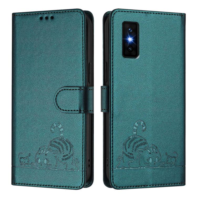 Funda de cuero RFID con estampado de gato y rata para Infinix GT 30 Pro con cordón (verde pavo real)