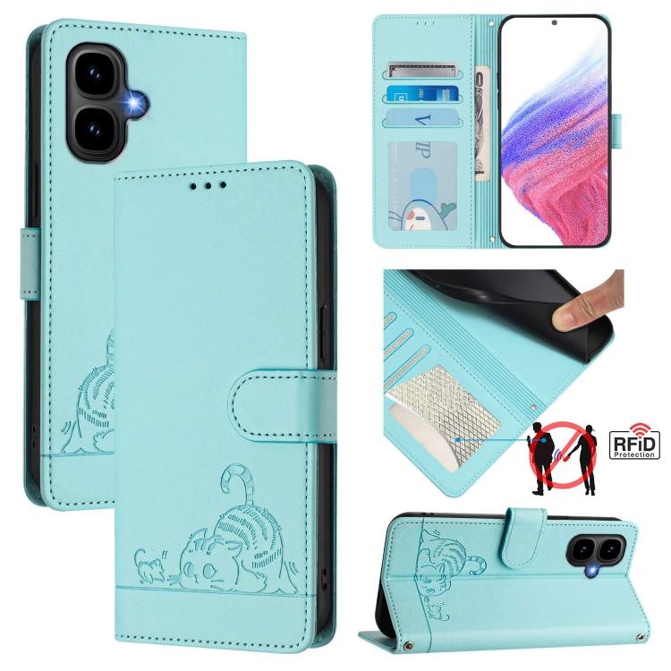 Funda de cuero RFID con estampado de gato y rata para Infinix Smart 10 4G / Tecno Pop 10 con cordón (verde menta)