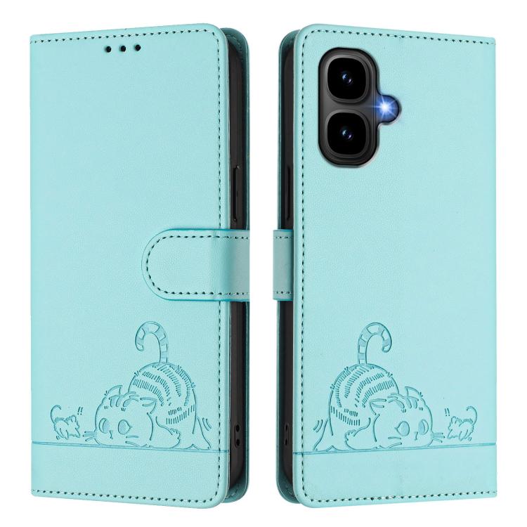 Funda de cuero RFID con estampado de gato y rata para Infinix Smart 10 4G / Tecno Pop 10 con cordón (verde menta)