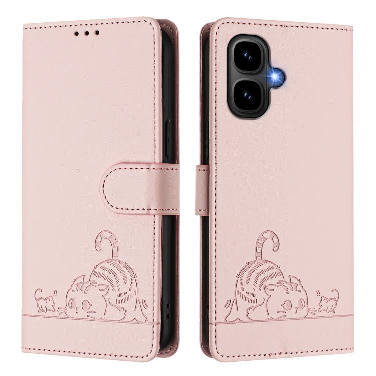 Funda de cuero RFID con estampado de gato y rata en relieve para Infinix Smart 10 4G / Tecno Pop 10 (rosa)