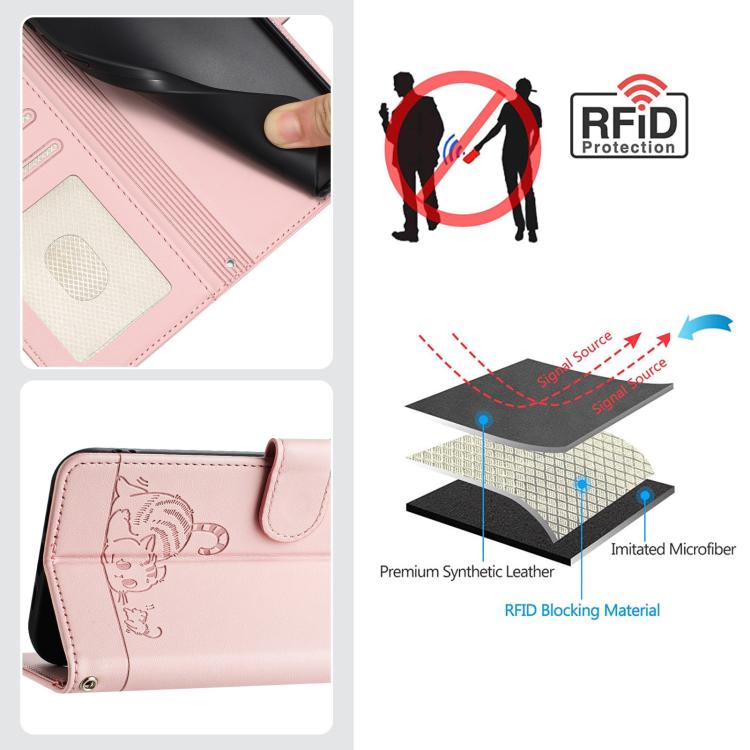 Funda de cuero RFID con estampado de gato y rata en relieve para Infinix Smart 10 4G / Tecno Pop 10 (rosa)