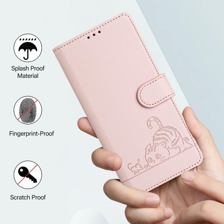 Funda de cuero RFID con estampado de gato y rata en relieve para Infinix Smart 10 4G / Tecno Pop 10 (rosa)