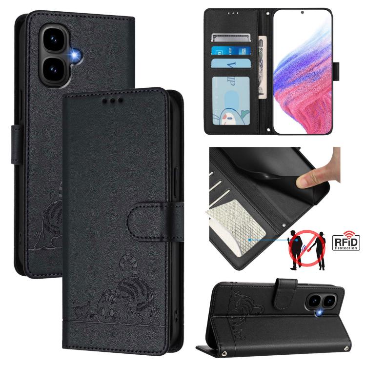 Funda de cuero RFID con estampado de gato y rata en relieve para Infinix Smart 10 4G / Tecno Pop 10 con cordón (negra)