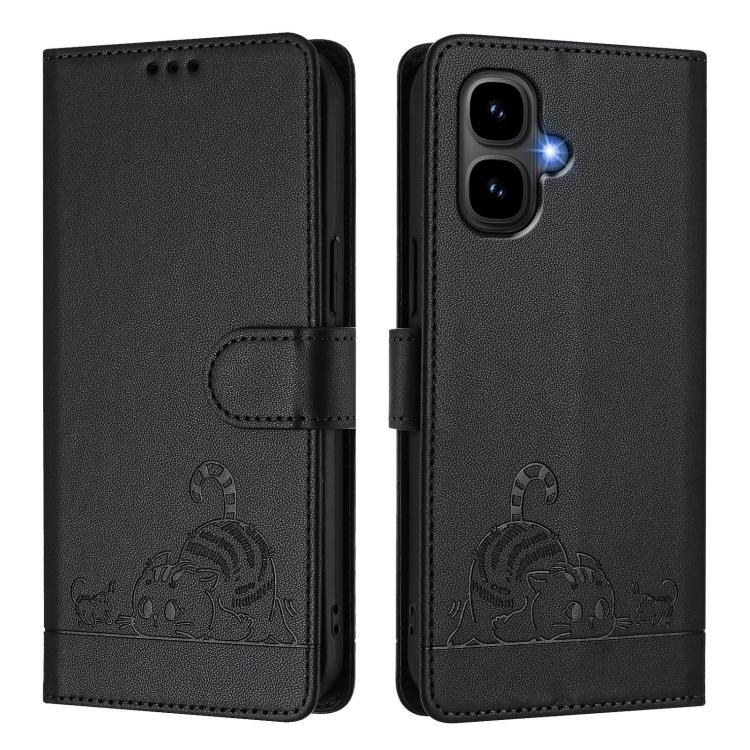 Funda de cuero RFID con estampado de gato y rata en relieve para Infinix Smart 10 4G / Tecno Pop 10 con cordón (negra)