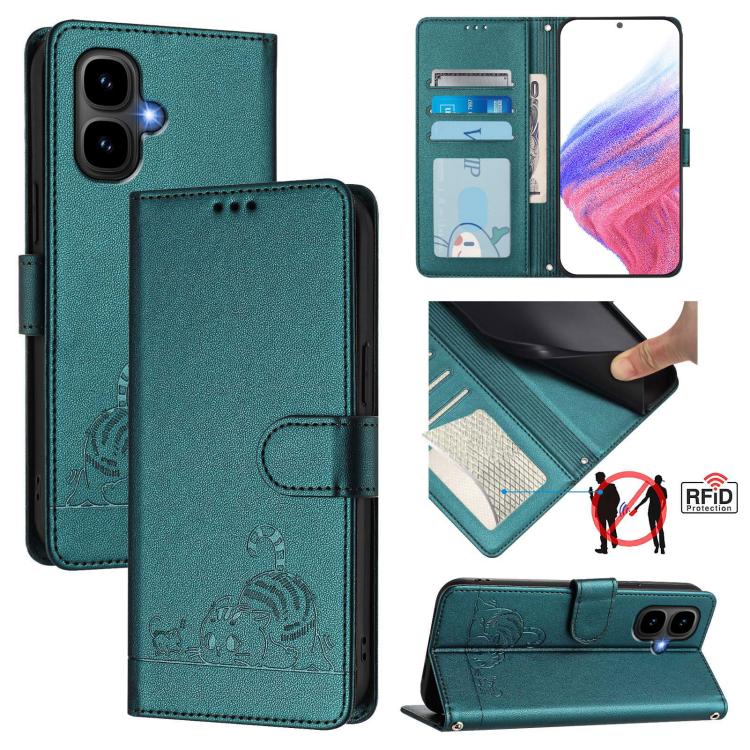 Funda de cuero RFID con estampado de gato y rata para Infinix Smart 10 4G / Tecno Pop 10 con cordón (verde pavo real)