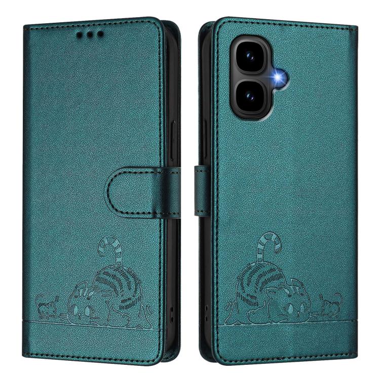 Funda de cuero RFID con estampado de gato y rata para Infinix Smart 10 4G / Tecno Pop 10 con cordón (verde pavo real)