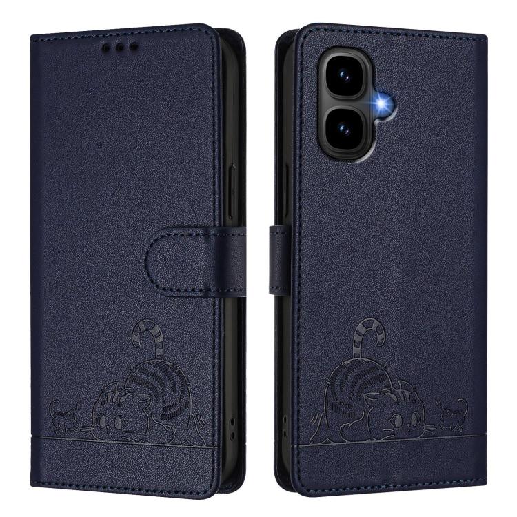 Funda de cuero RFID con estampado de gato y rata en relieve para Infinix Smart 10 4G / Tecno Pop 10 (azul)