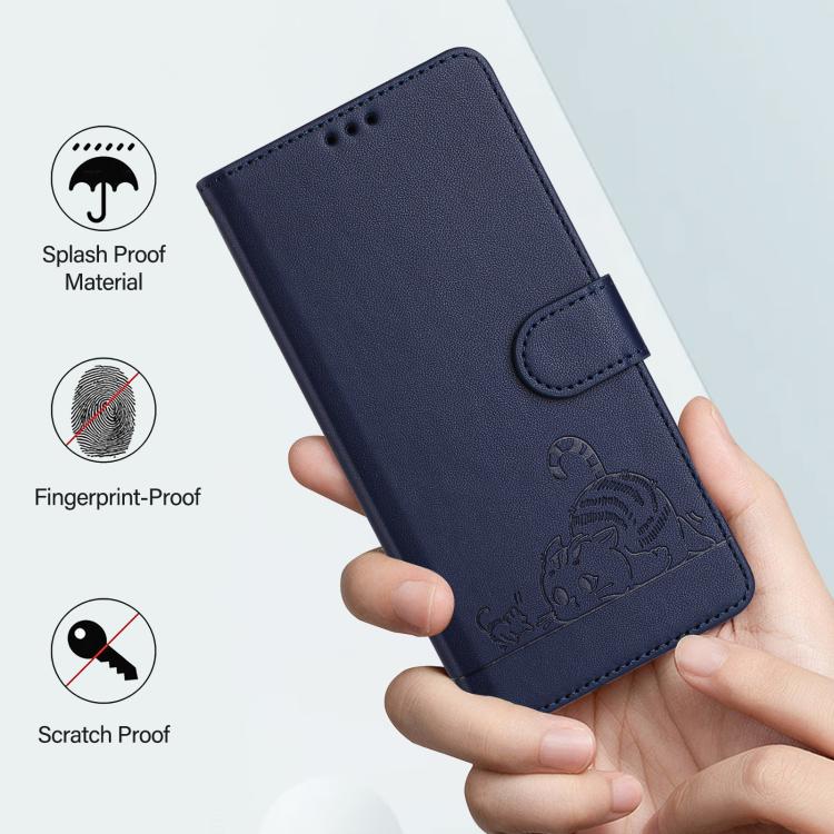 Funda de cuero RFID con estampado de gato y rata en relieve para Infinix Smart 10 4G / Tecno Pop 10 (azul)
