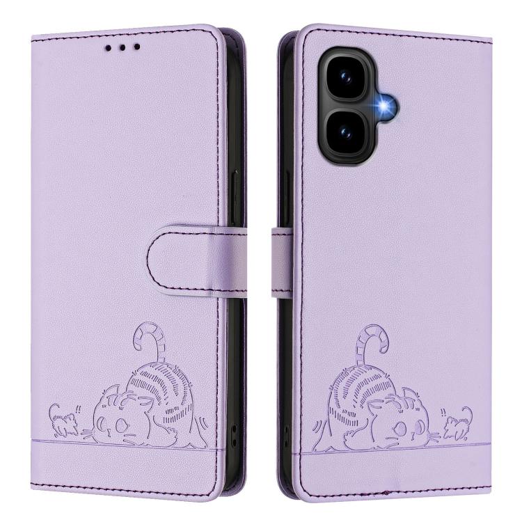 Funda de cuero RFID con estampado de gato y rata en relieve para Infinix Smart 10 4G / Tecno Pop 10 (morado)