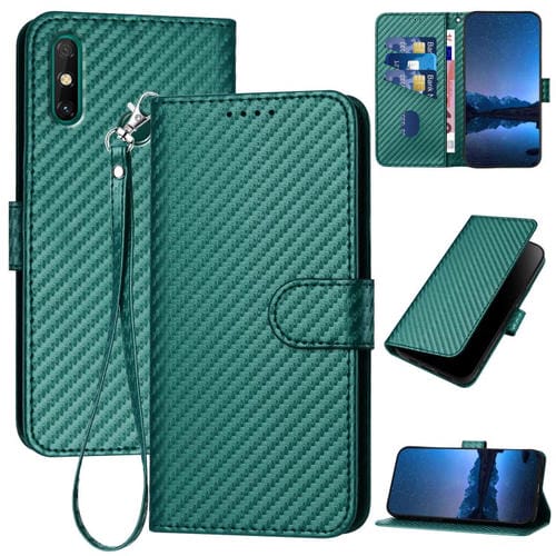 Funda de Cuero con Hebilla de Fibra de Carbono para Huawei Enjoy 20E Yx0070 con Cordón (Verde Oscuro)