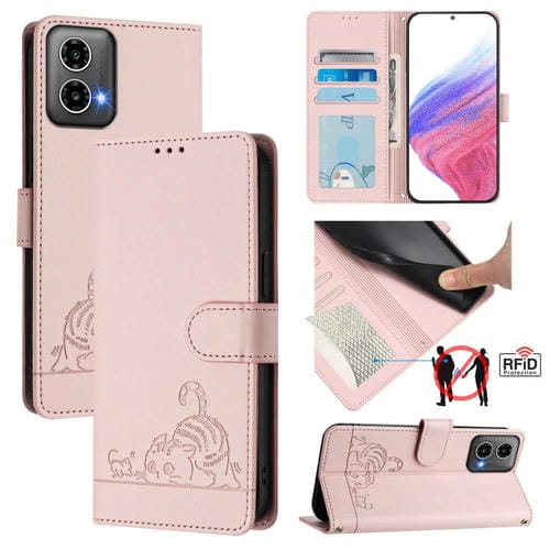 Funda de Cuero RFID Motorola Moto G34 5G/G45 5G con Estampado de Rata y Gato y Cordón (Rosa)