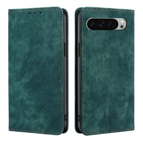Funda de Cuero Magnética con Cepillo Antirrobo RFID para Google Pixel 9 Pro XL (Verde)