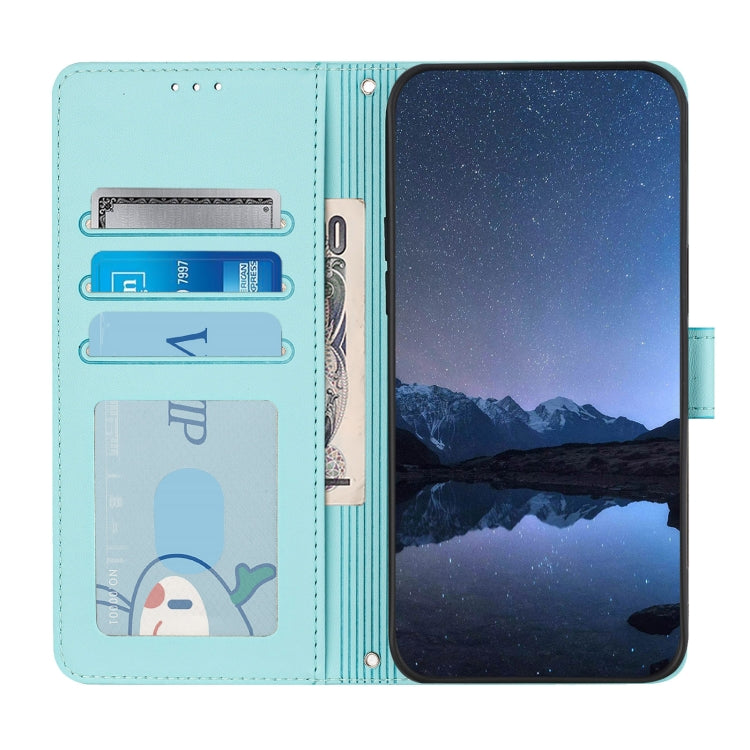 Funda de Cuero Rfid para OnePlus Nord N10 5G con Estampado de Rata y Gato en Relieve y Cordón (Verde Menta)