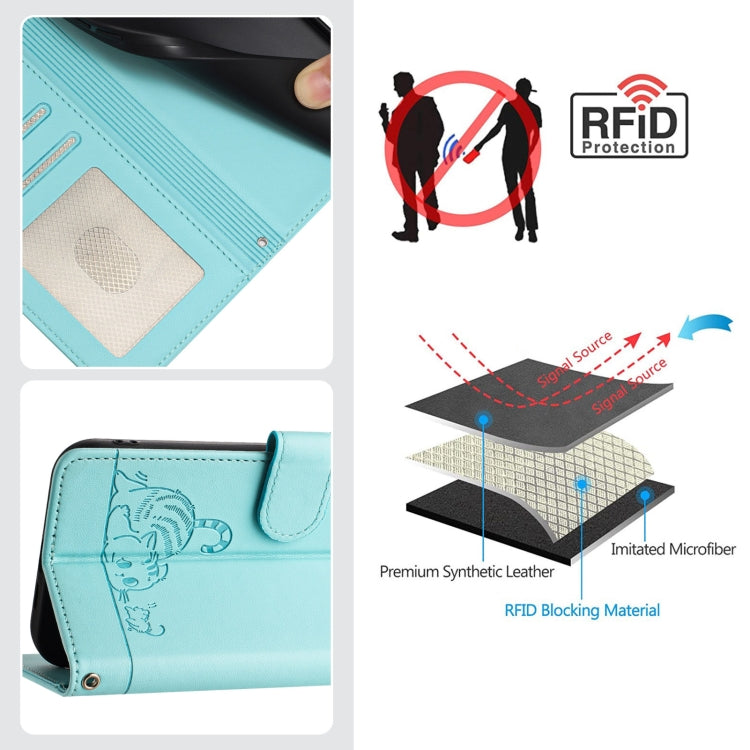 Funda de Cuero Rfid para OnePlus Nord N10 5G con Estampado de Rata y Gato en Relieve y Cordón (Verde Menta)