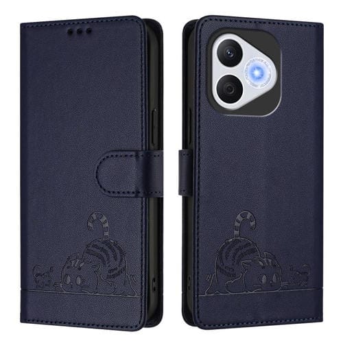 Funda de Cuero RFID con Estampado de Rata y Gato para Honor 400 Lite con Cordón (Azul)