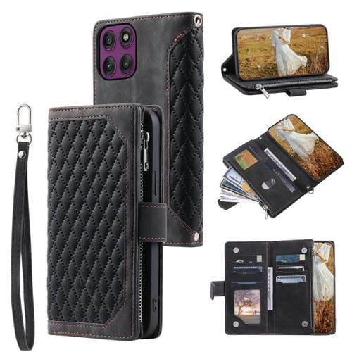 Funda de cuero con cremallera y cordón para Motorola Edge 60 Pro (negro)