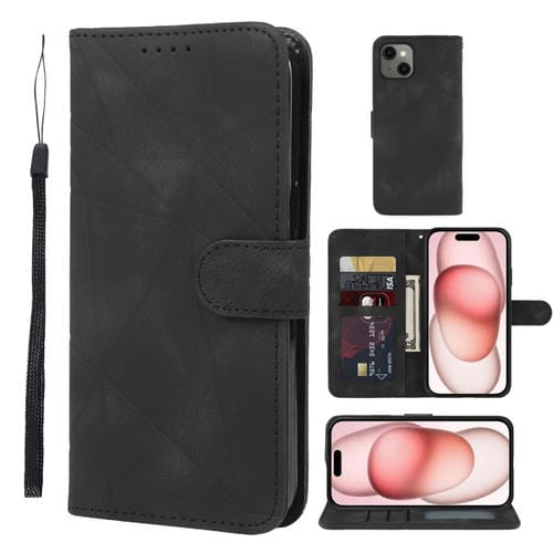 Funda de Cuero para Teléfono Skin Feel iPhone 15 con Líneas Geométricas (Negro) - MOVILSTORE