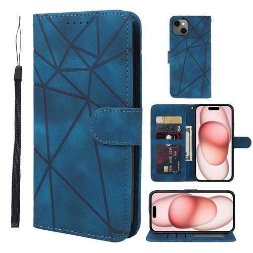 Funda para Teléfono iPhone 15 Skin Feel Cuero Líneas Geométricas (Azul) - MOVILSTORE