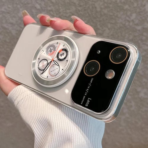 Caja de teléfono para iPhone 15 PC con soporte y ventana grande galvanizada (Transparente) - MOVILSTORE