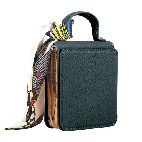 Estuche para teléfono Samsung Galaxy Z Flip5 Flip4 Flip3 5G con espejo maquillaje patrón lichi PU bufanda seda (Verde)