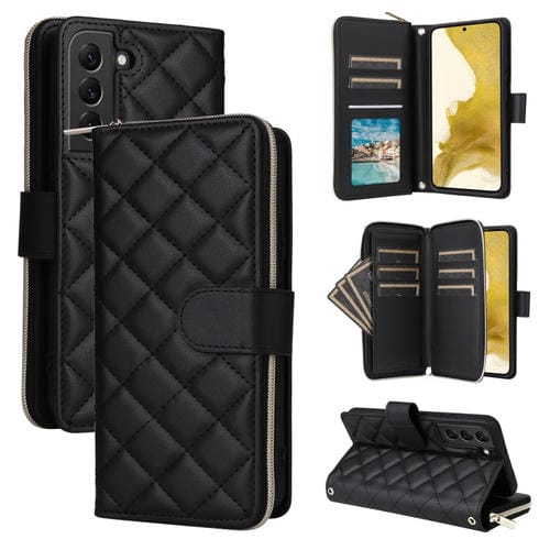Funda Cruzada de Cuero Samsung Galaxy S22 + 5G con Hebilla y Cremallera Rombal con Cordón (Negro)