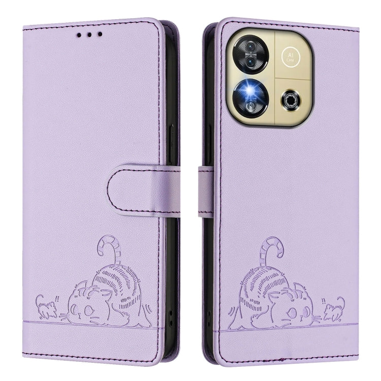 Funda de Cuero Rfid para Oukitel C57S con Estampado de Rata y Gato en Relieve y Cordón (Morado)
