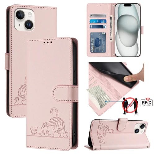 Funda para Teléfono PU con Patrón Gato y Rata RFID para iPhone 15 con Correa (Rosa) - MOVILSTORE