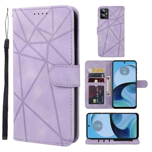 Funda de Cuero para Motorola Moto G14 con Diseño Geométrico y Líneas (Morado)