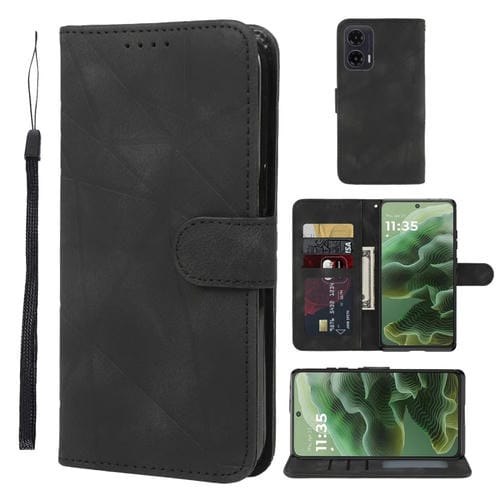 Funda de Cuero para Motorola Moto G35 con Diseño Geométrico y Líneas (Negra)